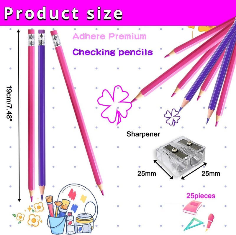 Adhere 25pcs Checking Pencils Erasable colored Pencils Pre-Sharpened #2 HB,for Checking Tests Grading,Map Coloring, editing Office Favors,including a Free sharpener. (Pink 13pcs + Purple 12pcs) - Image 2